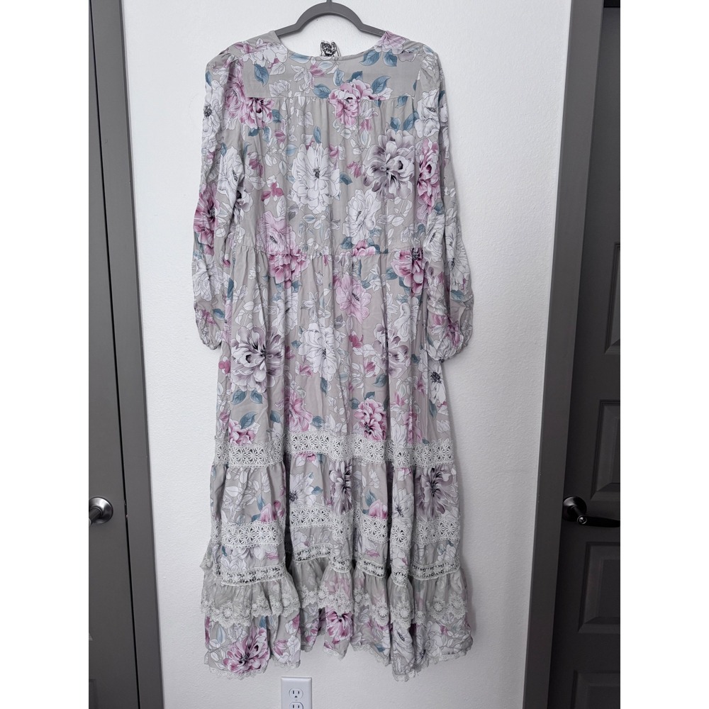 Jaase Floral Maxi Dress Boho Lace Tiered Long Sleeve Cottagecore Prairie Pink jj - Picture 3 of 7